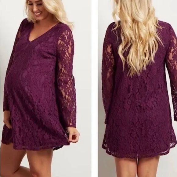 Pinkblush Dresses & Skirts - Pink Blush Women’s Purple Lace Maternity Long Sleeve Lace Mini Dress NWT Size S